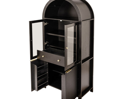 Fluted Tall Arched Pantry Cabinet With Adjustable Shelves, Glass Door & Hidden Drawer For Kitchen