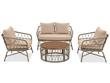 Bohemia-Inspired 4 Person Outdoor Seating Group With Removable Cushions, Conversation Patio Set With Wood Tabletop - Beige