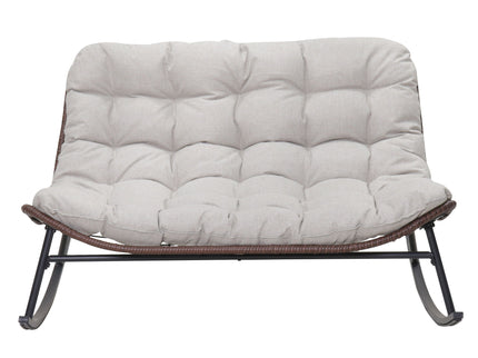 Double Wide Rocking Papasan Chair, 2 Person Outdoor Lounge Seating - Acacia Wood / Beige