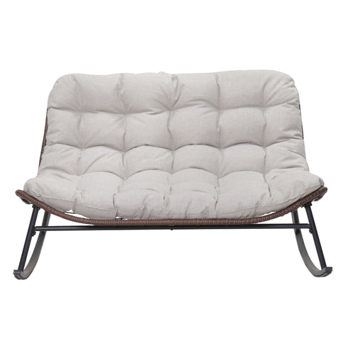 Double Wide Rocking Papasan Chair, 2 Person Outdoor Lounge Seating - Acacia Wood / Beige