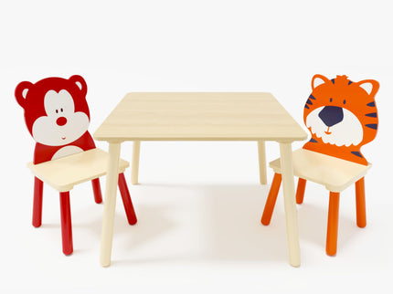Table And 2 Chairs Set, Activity Play Table Set With Bear & Tiger Design - Natural