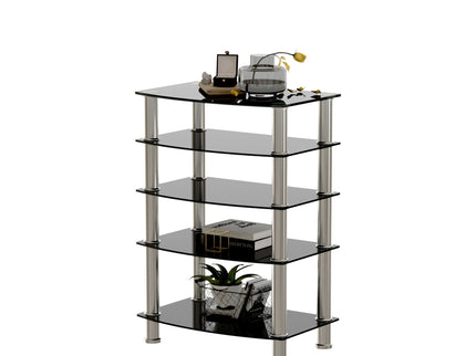 5 Tier Tempered Glass Side Table, Stainless Steel Frame End Table For Living Room, Bedroom - Black