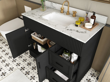 Bathroom Vanity Set, Fluted Cabinet, Soft Close Doors & Drawers, 3 Faucet Holes - Black