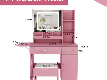 Vanity Desk With LED Mirror Lights And Power Outlet Charging Station, 3 Drawers, 7 Shelves, Storage Stool - Pink