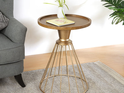 Hollow - Edge Retro Art Pine Side Table With Antique And Natural Color, Iron And Pine Construction - Antique Gold / Natural
