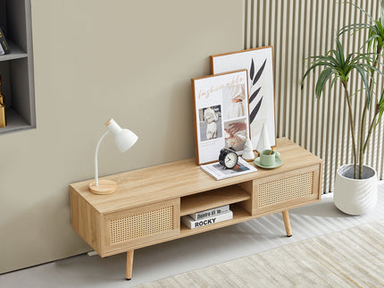 55.12" Rattan TV Cabinet, Double Sliding Doors For Storage, Adjustable Shelf, Solid Wood Legs, TV Console For Living Room