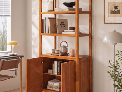 Modern Tall Storage Bookcase Cabinet With 2 Open Shelves & Double Doors