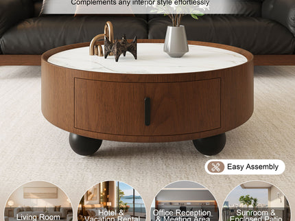 Round Coffee Table With Ball Feet, Pull Handle Storage Drawer - Bouguer Walnut / Brown