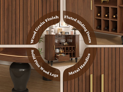 Fluted Liquor & Coffee Bar Cabinet With 6 Wine Racks And 3 Glass Holders