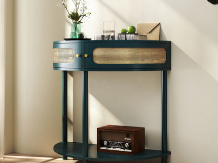 Boho Rattan Semi Circle End Table With Sliding Rattan Door, Storage And Bottom Shelf