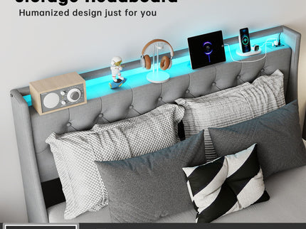 Platform Bed Frame With RGB LED Lights, Charging Station, Storage Headboard & 4 Underbed Drawers