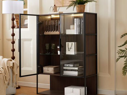 Modern Minimalist Tall Lighted Display Cabinet With Tempered Glass Door - Black / Dark Walnut
