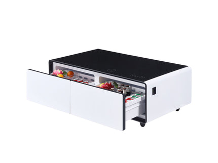 Modern Smart Coffee Table With Built-In Fridge, tooth Speaker, Wireless Charging Module, Touch Control Panel, Power Socket, USB Interface, Outlet Protection, Atmosphere Light