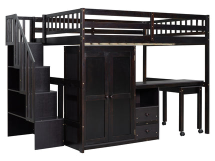 Loft Bed With Stairs, Bookshelf, Drawers, Desk & Wardrobe, Space Saving Multifunctional Furniture