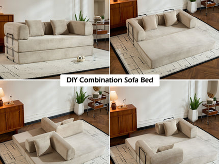 Convertible Sleeper Sofa Bed With Cylindrical Pillow, With Fixed Shape Frame