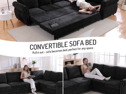 L-Shaped Sofa Couch With Pull Out Bed With Nailhead Trim & Rolled Arm
