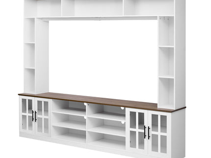 Wall Unit Entertainment Center With Bookshelves For TVs Up To 80", Tempered Glass Doors And Adjustable Shelves