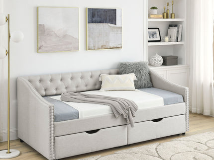 Upholstered Tufted Daybed With 2 Drawers, Waved Arms