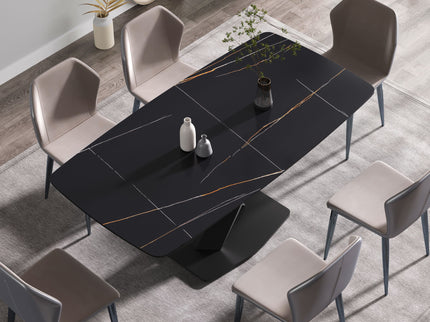 70.87" Modern Artificial Stone Black Curved Black Metal Leg Dining Table, Can Accommodate 6-8 People - Black