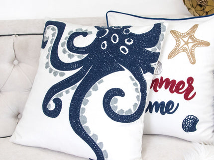 Octopus Patterned Pillow Cover With Matching Back - White