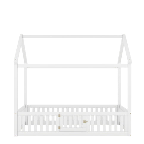 Wood House Bed With Fence And Door