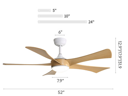 52" Ceiling Fan With 22W LED Light And Remote Control, 50 / 10 / 24 Downrod - White