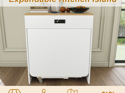 Extendable Dining Table With Power Socket, Lockable Casters, Storage Cabinet