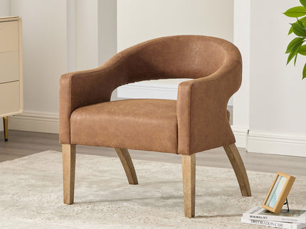 Upholstered Open Back Armchair With Weathered Rubberwood Legs