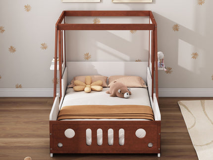 Fun Play Design Twin Size Car Bed, Kids Platform Bed In Car Shaped For Kids Boys Girls Teens - White / Orange