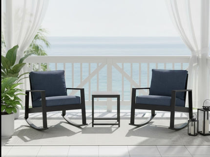 Outdoor Rocking Bistro Set Of 3, Oversized Rocking Chairs With Cushions And Side Table - Black / Blue