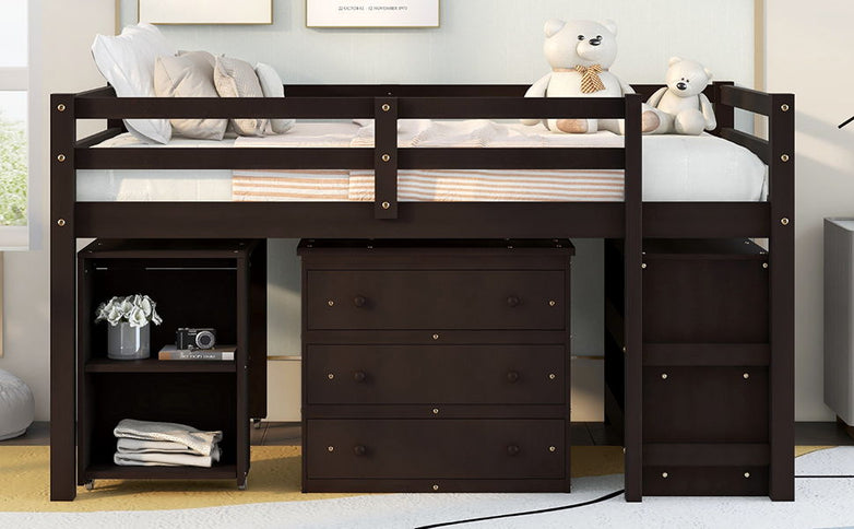 Loft Low Study Bed With Cabinet, Shelves And Rolling Portable Desk, Multiple Functions