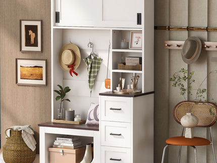 Modern Wide Hall Tree With Coat Rack, 3 Shelves And Drawers, 3 Sturdy Hooks