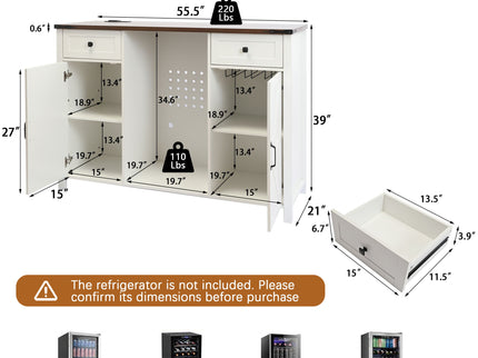 Coffee Bar With Mini Fridge Space & Built In Charging Station, Large Bar Cabinet With Drawers & Adjustable Shelves For Kitchen - White