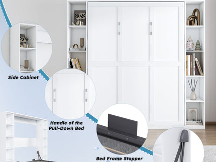 Queen Murphy Bed With Storage Cabinet, Foldable Wall Bed For Bedrooms - White
