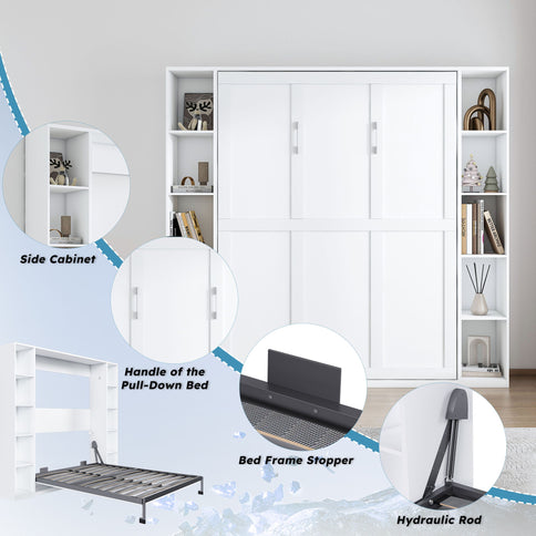 Queen Murphy Bed With Storage Cabinet, Foldable Wall Bed For Bedrooms - White