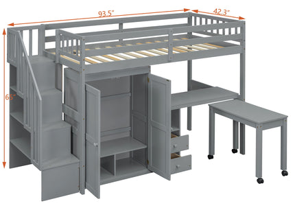 Loft Bed With Stairs, Bookshelf, Drawers, Desk & Wardrobe, Space Saving Multifunctional Furniture
