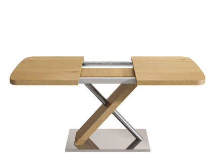Retractable Square Dining Table, Seating 4 - 6 People, Cross Base With Stainless Steel Tubing, Expandable - Natural
