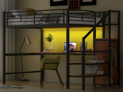 Loft Bed With Desk, Storage Staircase, Small Wardrobe And LED Light