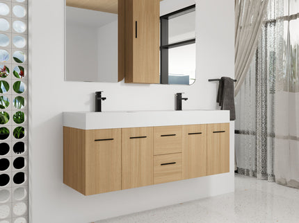 Floating Double Sink Bathroom Vanity Set With Tall Linen Cabinet, Drawers And Doors, Extra Large Storage, Integrated Sink, Soft Close Hardware - Glossy White / Light Oak