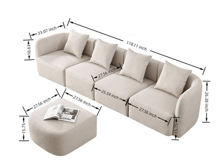 L-Shaped Modular Sectional Sofa With Ottoman, Living Room Furniture Set - Beige