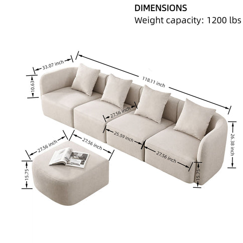 L-Shaped Modular Sectional Sofa With Ottoman, Living Room Furniture Set - Beige