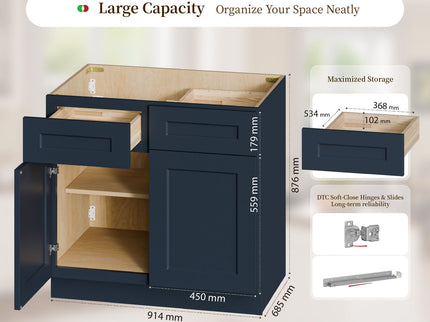 Shaker Base Cabinet With Doors, Soft Close Hinges, Adjustable Shelf, Bathroom Storage Unit - Navy Blue