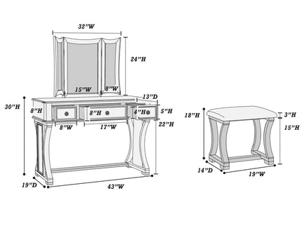 Bedroom Vanity Set With Foldable Mirror And Stool - Black