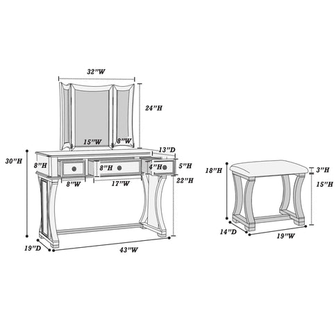 Bedroom Vanity Set With Foldable Mirror And Stool - Black