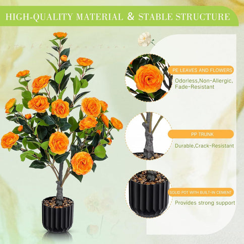 2 Pack Artificial Camellia Trees, Faux Potted Plants With Orange Flowers For Indoor Or Outdoor Decor, Porch, Office, Or Home Use - Black / Green / Orange