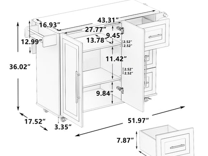 Kitchen Island Cart With 2 Door Cabinet, 3 Drawers, Spice Rack & Towel Rack - White