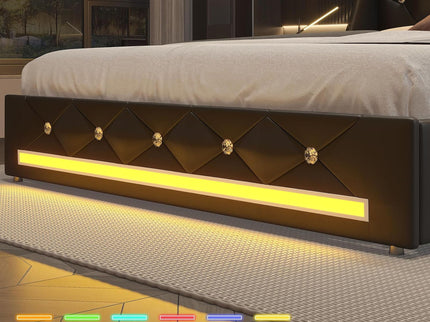 Wingback Upholstered Bed Frame With LED Lights, Charging Station