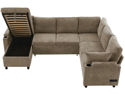 U-Shaped Sectional Sofa Bed With Storage, Charging Ports, And Cup Holders - Brown