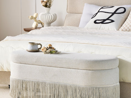 Oval Upholstered Storage Ottoman With Fringe Trim & Lift Top Lid