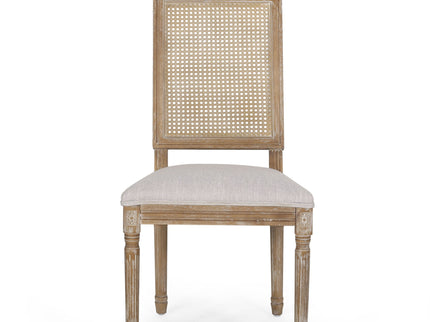 French Country Dining Chair With Rectangular Cane Backrest And Smooth Upholstered Seating